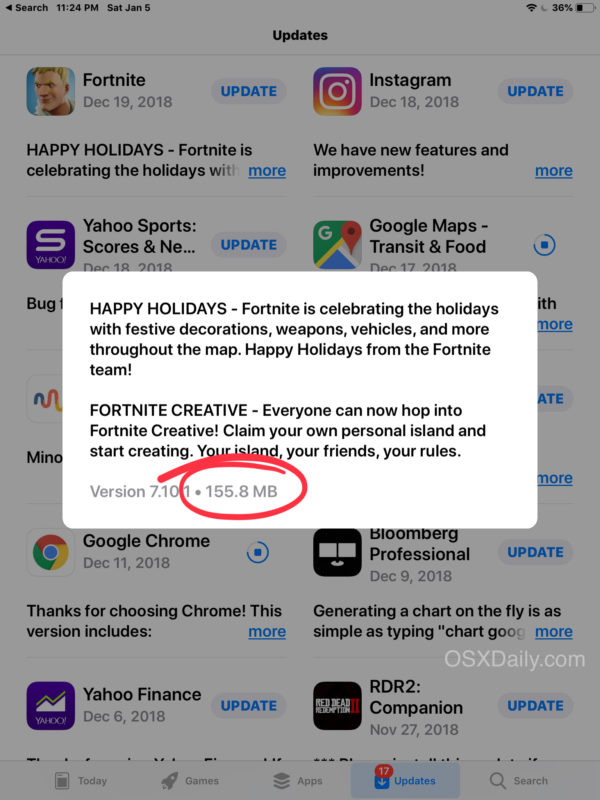 How to see the size of app store updates in iOS before you download them