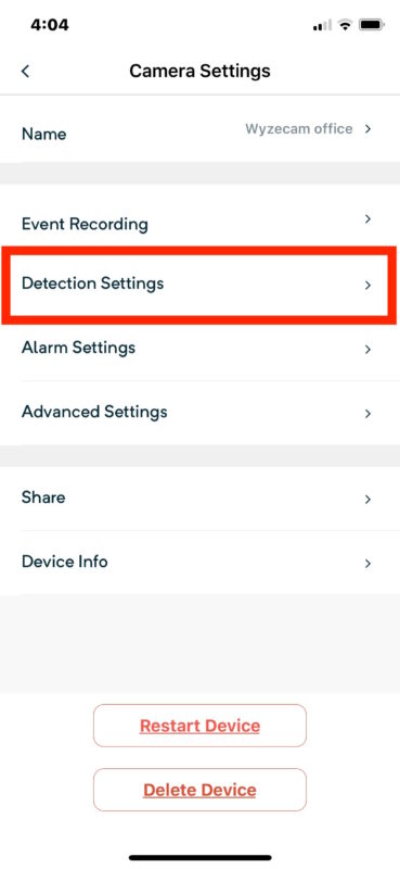 Configure Wyzecam detection settings