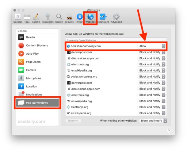 Enable pop up windows for specific website in Safari for Mac