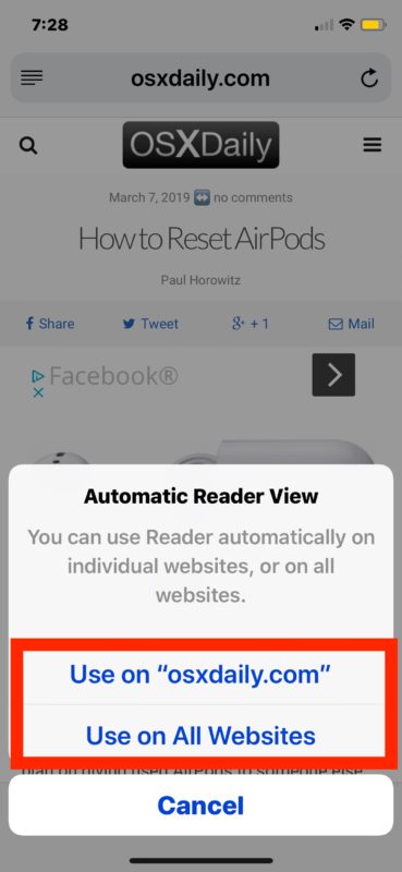 How to enable Safari Automatic Reader mode in iOS