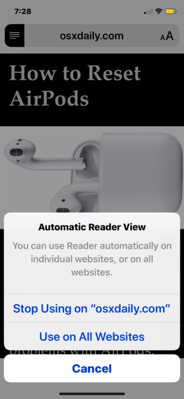 How to turn off automatic Reader View in Safari on iPhone or iPad