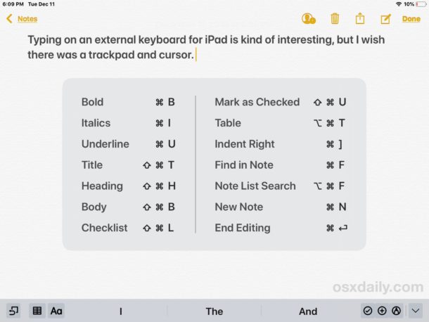 Notes app keyboard shortcut cheatsheet on iPad