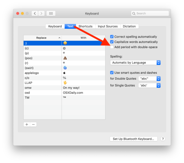 How to stop inserting periods automatically on Mac keyboard