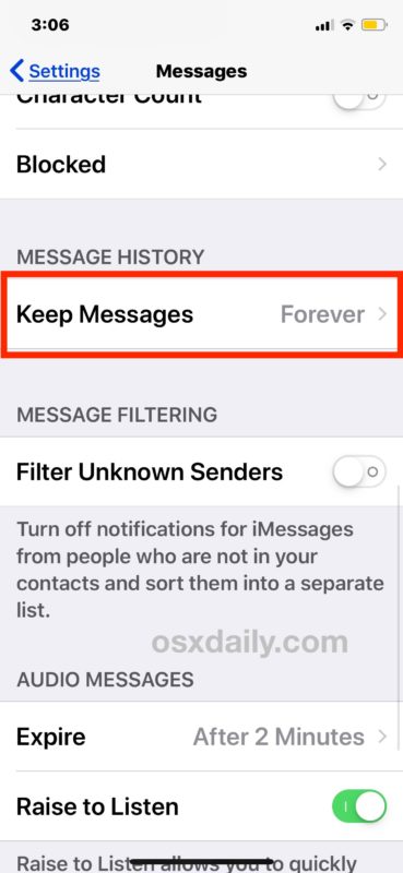How to set up automatic deletion of messages on iOS