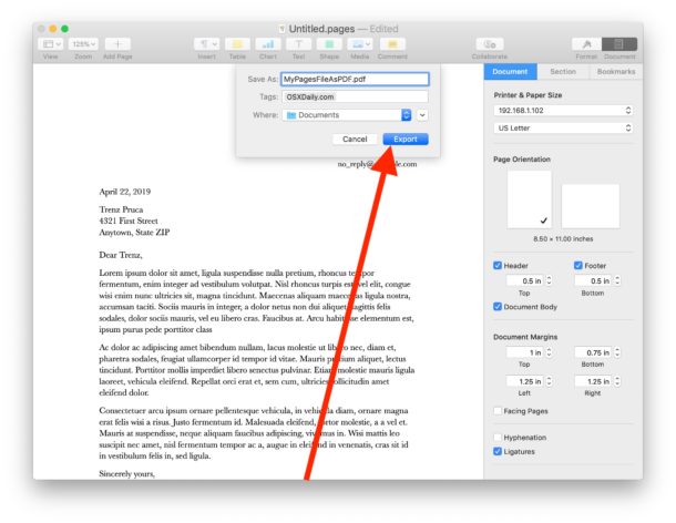 How to convert a Pages file to PDF on Mac