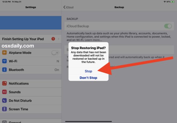 How to stop iCloud Restore from backup in iOS