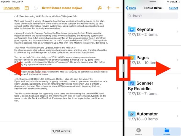 Adjusting the size of split screen apps on iPad