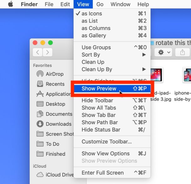 Отображение панели предварительного просмотра в окне Mac Finder в виде значка или списка