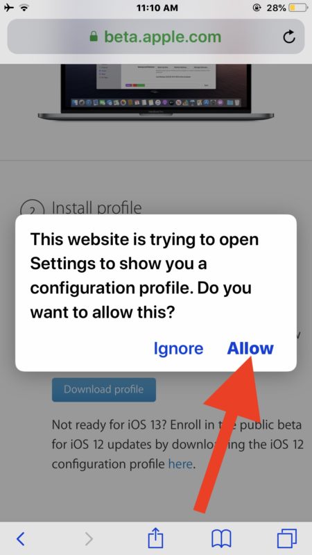 Разрешить установку профиля публичной бета-версии iOS 13 на iPhone