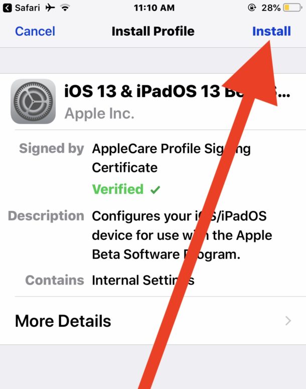 Install the iOS 13 public beta configuration profile