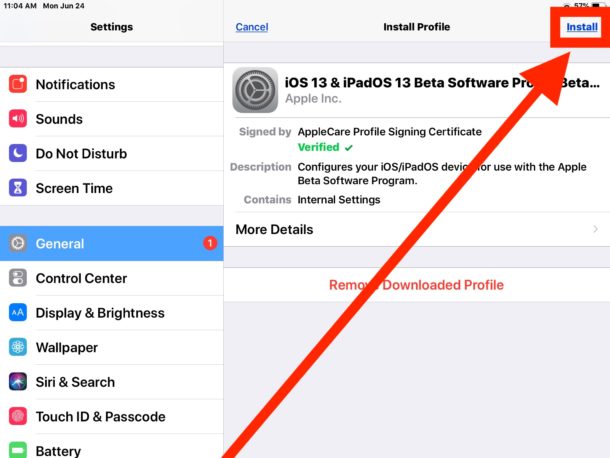 Нажмите, чтобы установить общедоступный бета-профиль iPadOS 13