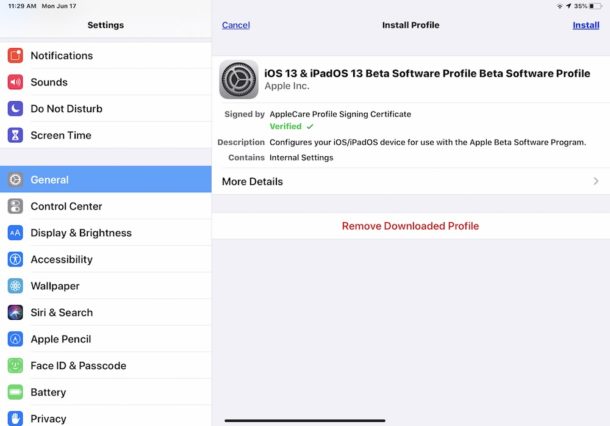 iOS 13 and iPadOS 13 beta profile must be installed