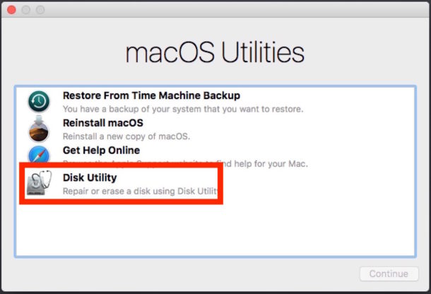 MacOS utilities choose Disk Utility
