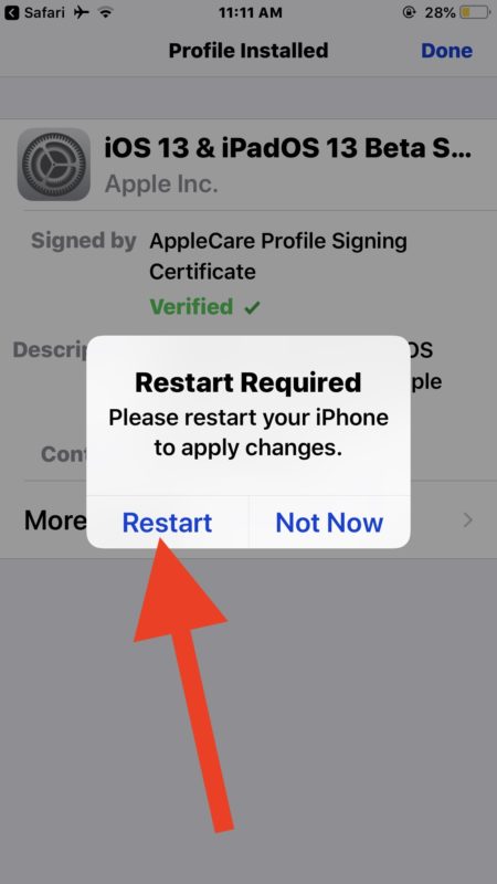 Choose to restart the iPhone to install the iOS 13 beta profile