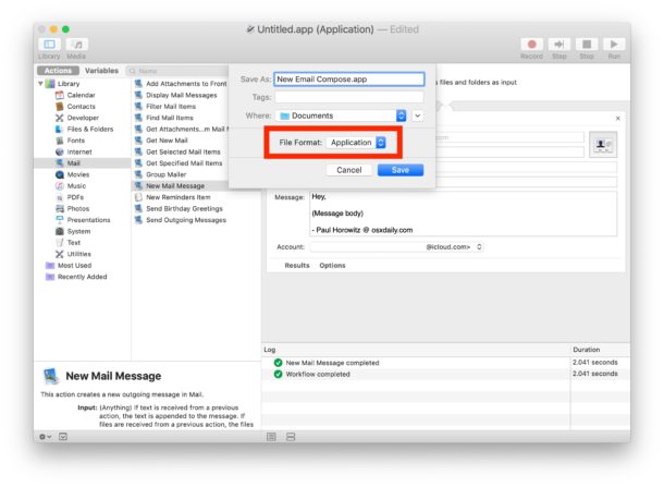 Save the Automator new email compose shortcut as Application