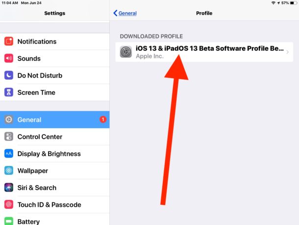Коснитесь загруженного профиля бета-версии iPadOS 13.