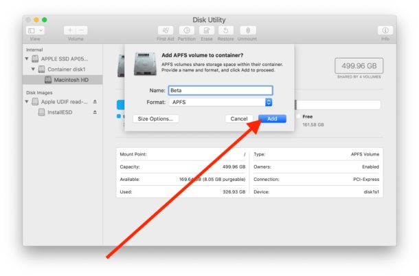 Add a new APFS volume for MacOS Catalina