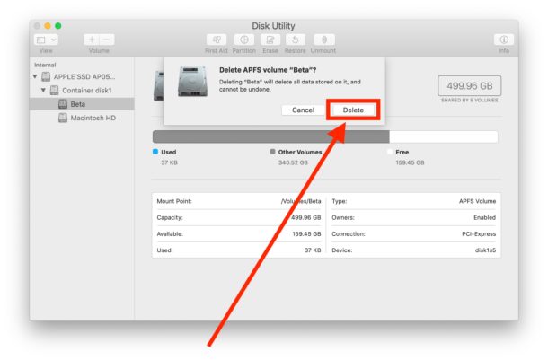 Confirm to delete the APFS volume on Mac