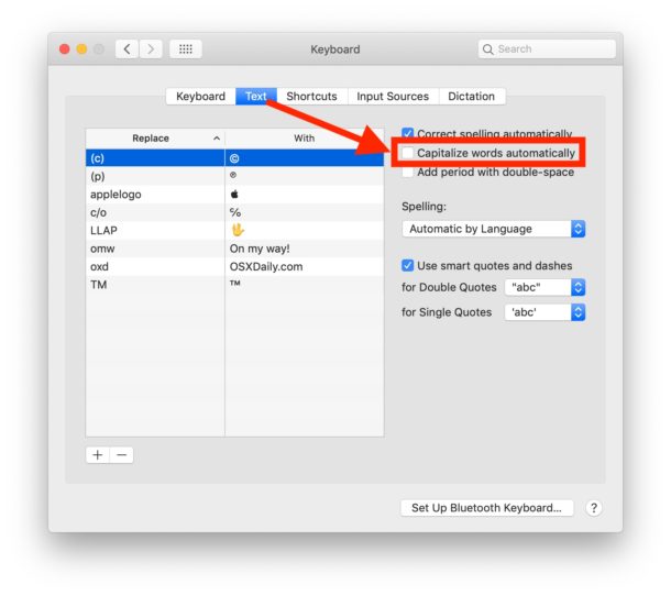 Как отключить автоматический ввод заглавных букв на Mac