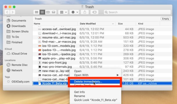 How to delete immediately a specific file from Trash on Mac