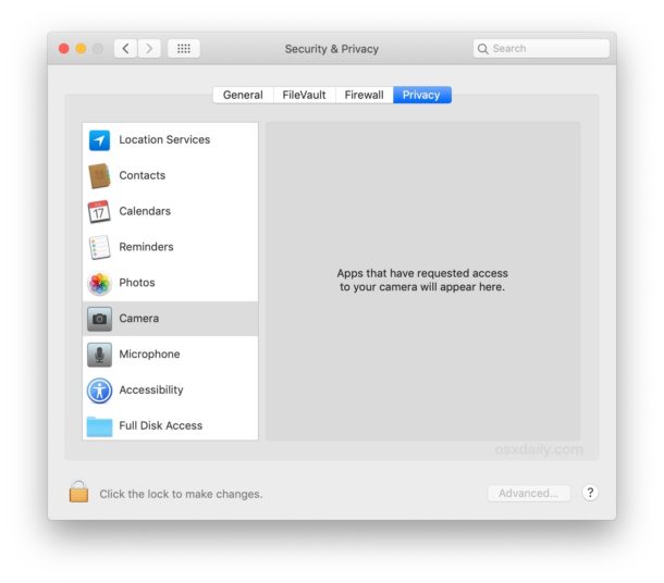 No apps requesting camera access on the Mac