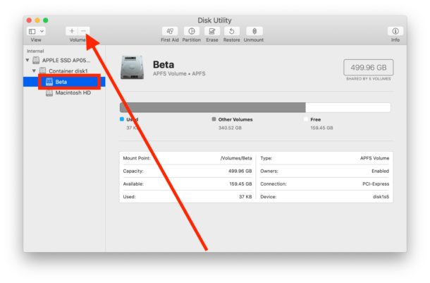 Select the APFS volume to delete on Mac