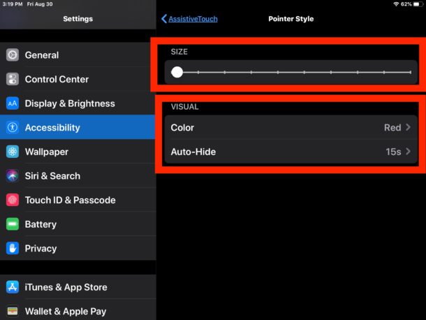 How to configure pointer size and color on iPad mouse