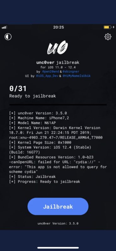 The unc0ver jailbreak for iOS 12.4 shown on iPhone 