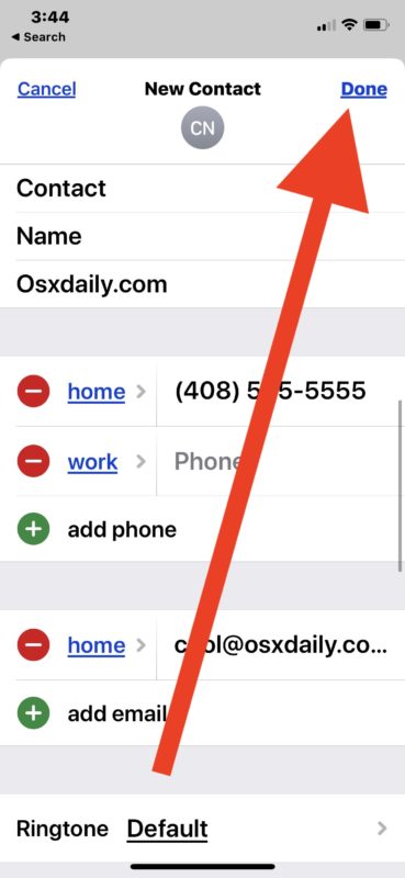 Adding a new contact in iPhone Contacts app
