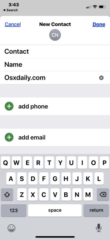 Adding a new contacts details to iPhone