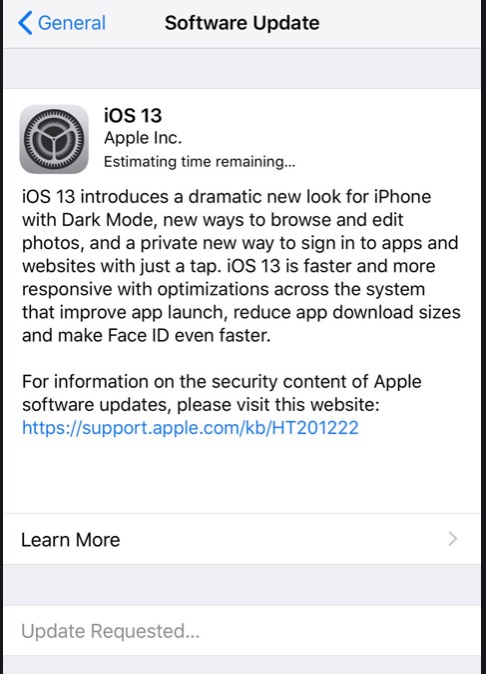 iOS 13 stuck on estimated time remaining