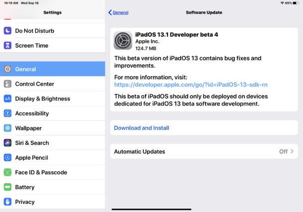 iPadOS 13.1 developer beta 4