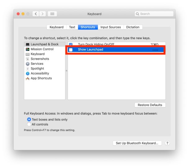 Как отключить сочетание клавиш Launchpad на Mac