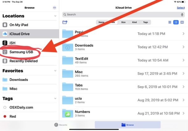 Look under Browse to find connected external storage device on iPhone or iPad in Files app