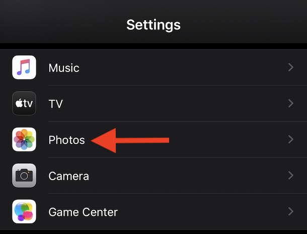 Tap Photos in Settings to enable iCloud Photos