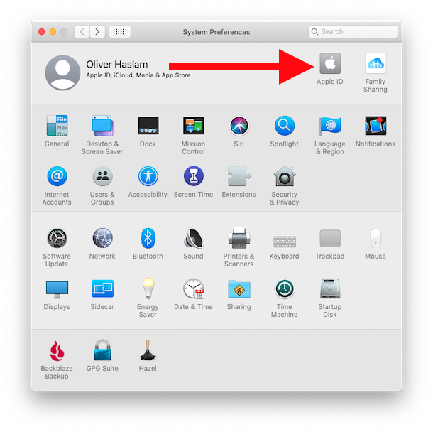 Click Apple ID in System Preferences on Mac