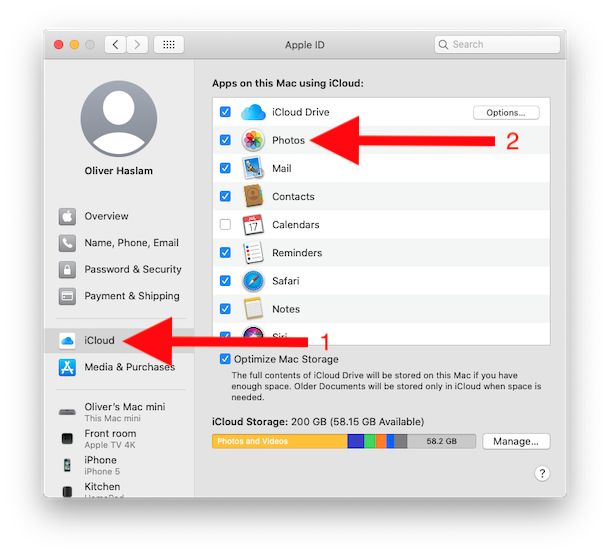 Check Photos in iCloud settings to enable iCloud Photos on Mac