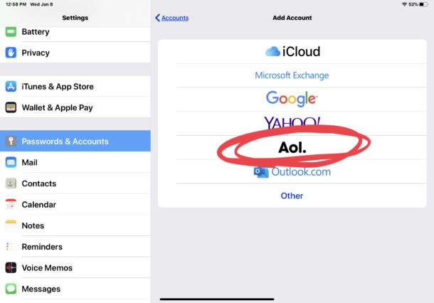 How to add AOL email account to iPad or iPhone 