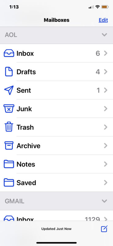 AOL Inboxes on iPhone and iPad Mail app