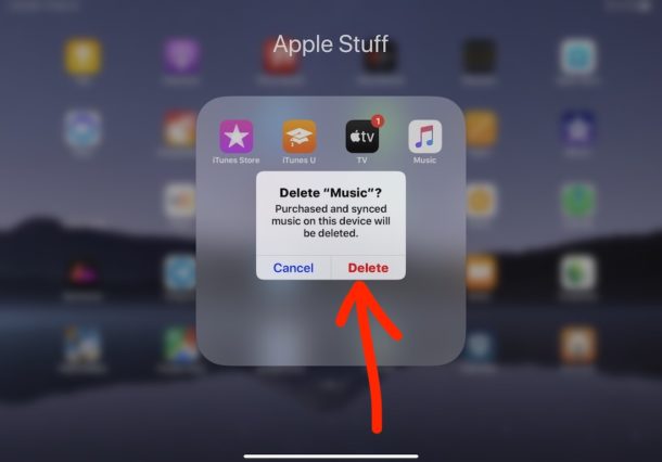 Tap to confirm removal and  deletion of the app to uninstall it from iPad or iPhone