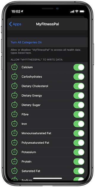 Deselect Health data you don't want to be shared