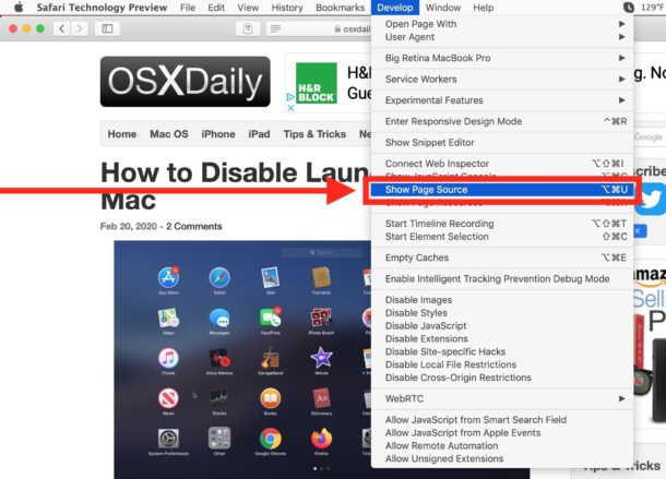 How to view page source in Safari on Mac