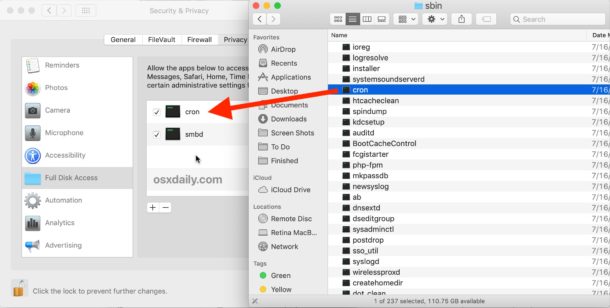 Allow cron full disk access in MacOS