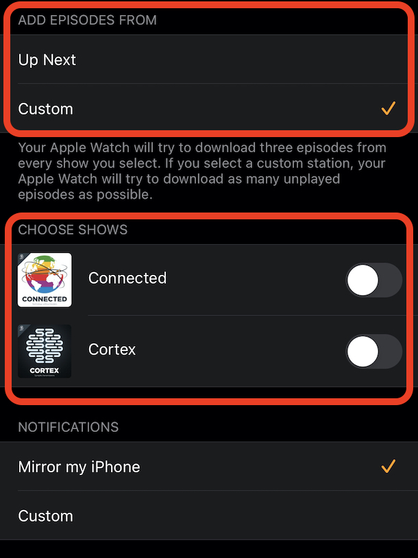 Tap custom and enable the podcasts you want to sync