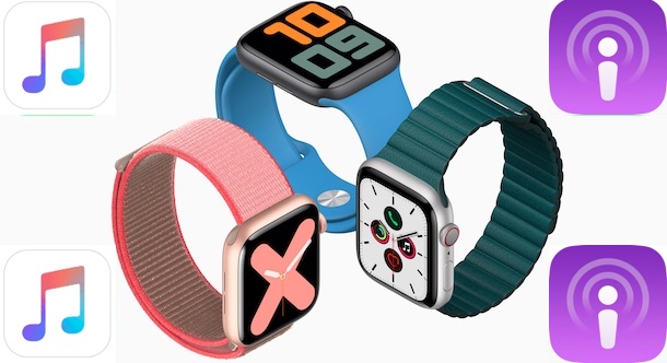 Apple Watches with Podcasts and Music icons