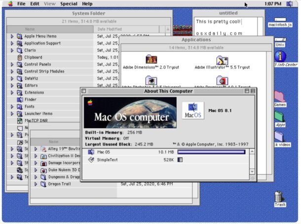 Снимок экрана рабочего стола эмулятора Mac OS 8.1 и информация об этом Mac