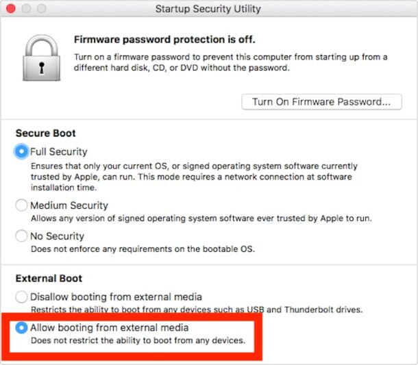 Startup Security Utility allowing booting from external media on Mac