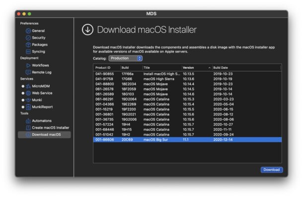 downloading macOS installers with MDS app