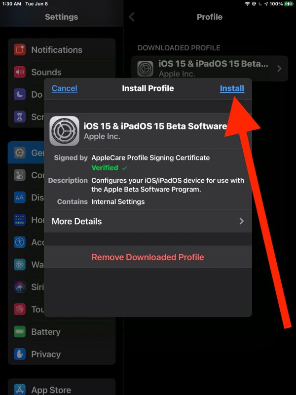 Install ipadOS 15 beta profile