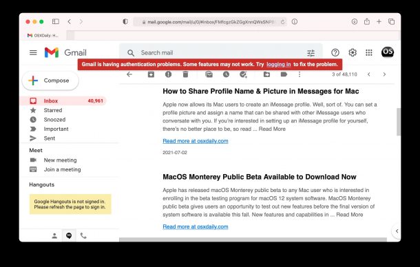 Gmail having authentication problems error message